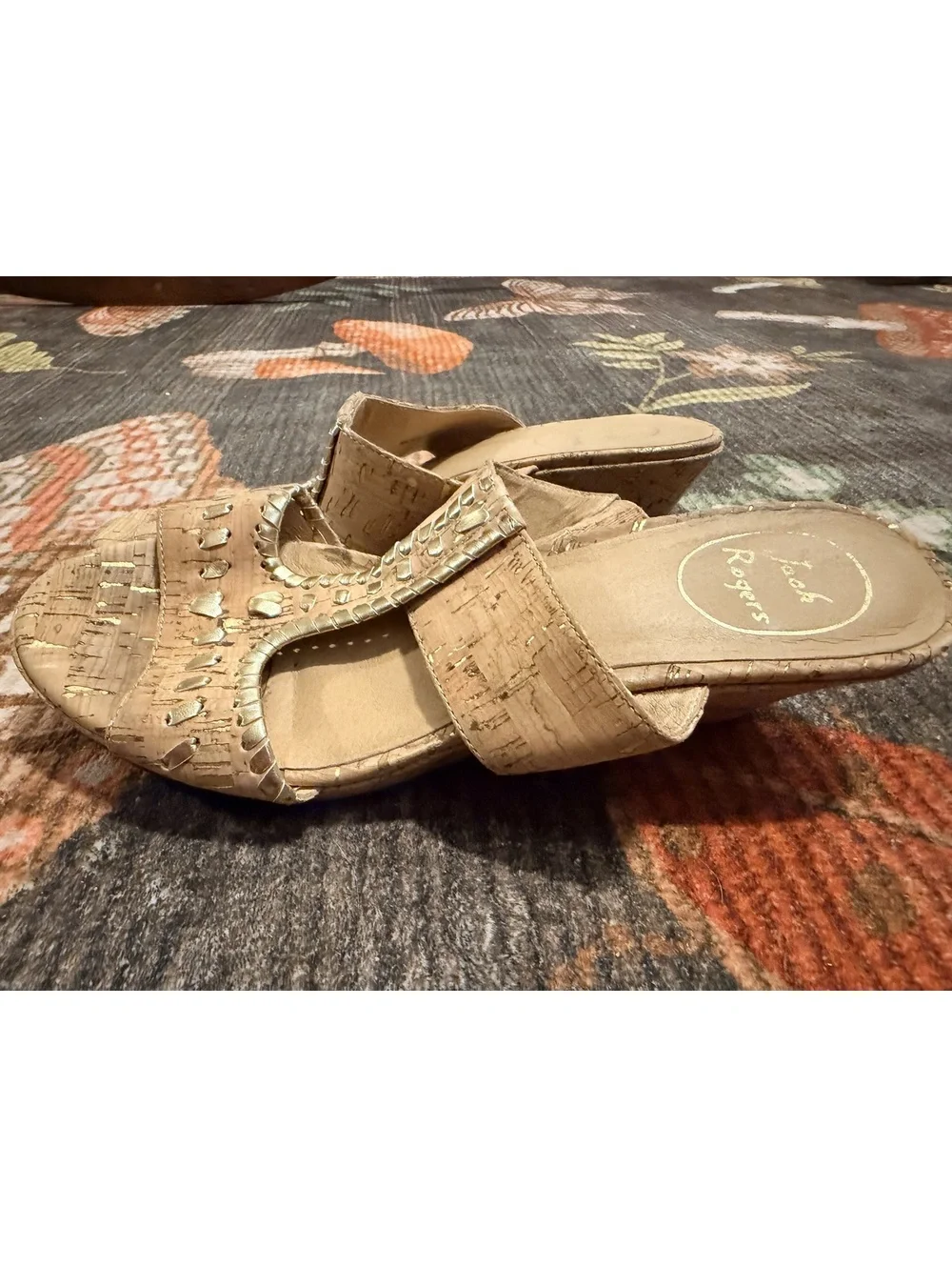 Jack Rogers Cork Wedge Slide Sandals Metallic Gold Whipstitch Size 7.5